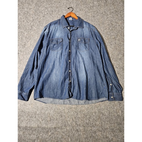 Volvo Iron Mark Denim Pearl Snap Organic Cotton Long Sleeve Button Down Blue 2XL
